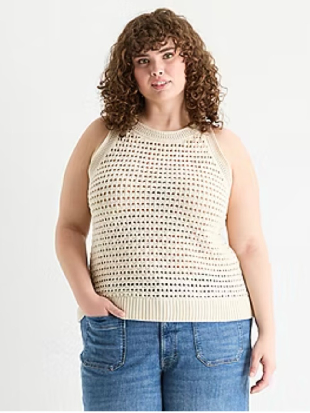 a.n.a Crochet Womens Plus Crew Neck Sleeveless Pullover Sweater